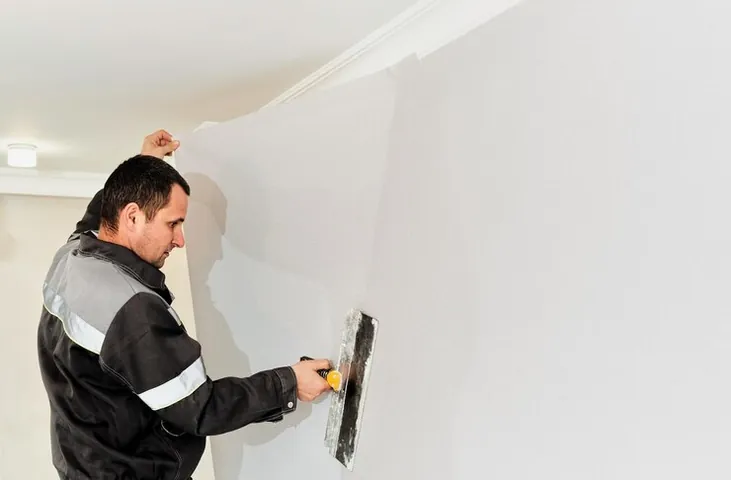 Meseriaș care netezește cu fierul de glet un perete alb din interior